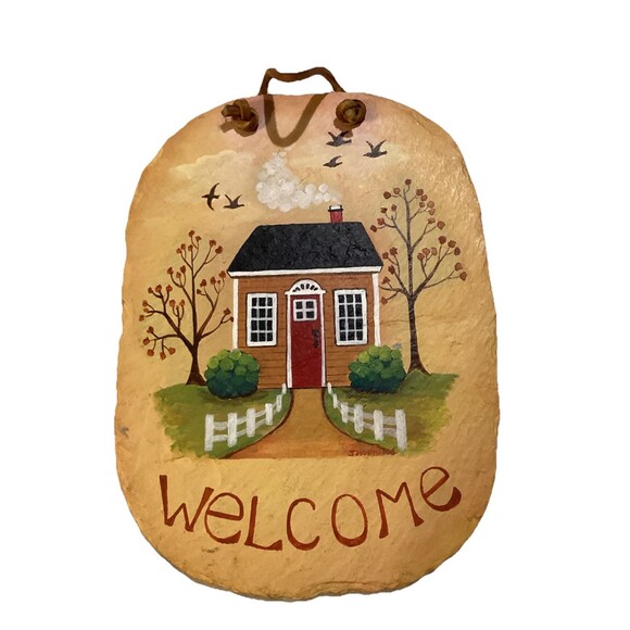 Slate Stone "Welcome" Sign Hand Painted & Signed 1988 Leather Strap 6"x 4.5" - Picture 1 of 6
